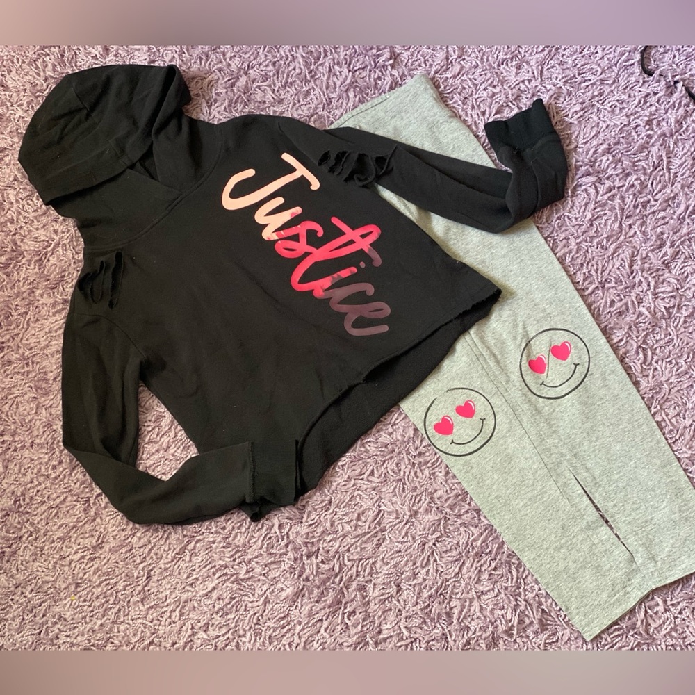 2 piece Justice girls bundle Black Distressed Hoodie & Gray Smiley face Leggings